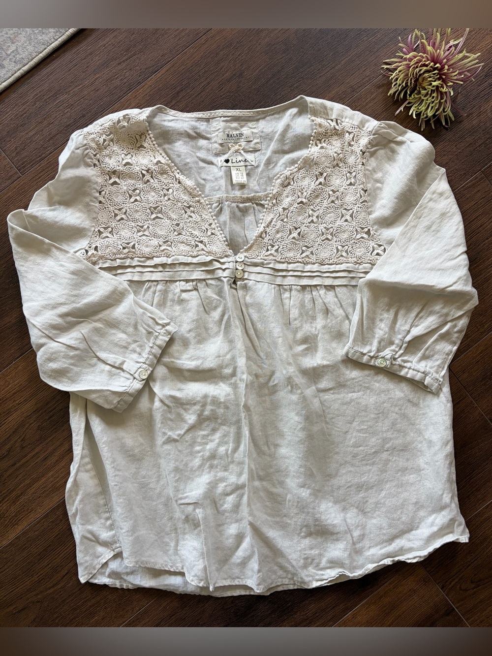 Malvin Soft Cream Crochet Yoke Linen-Blend Tunic